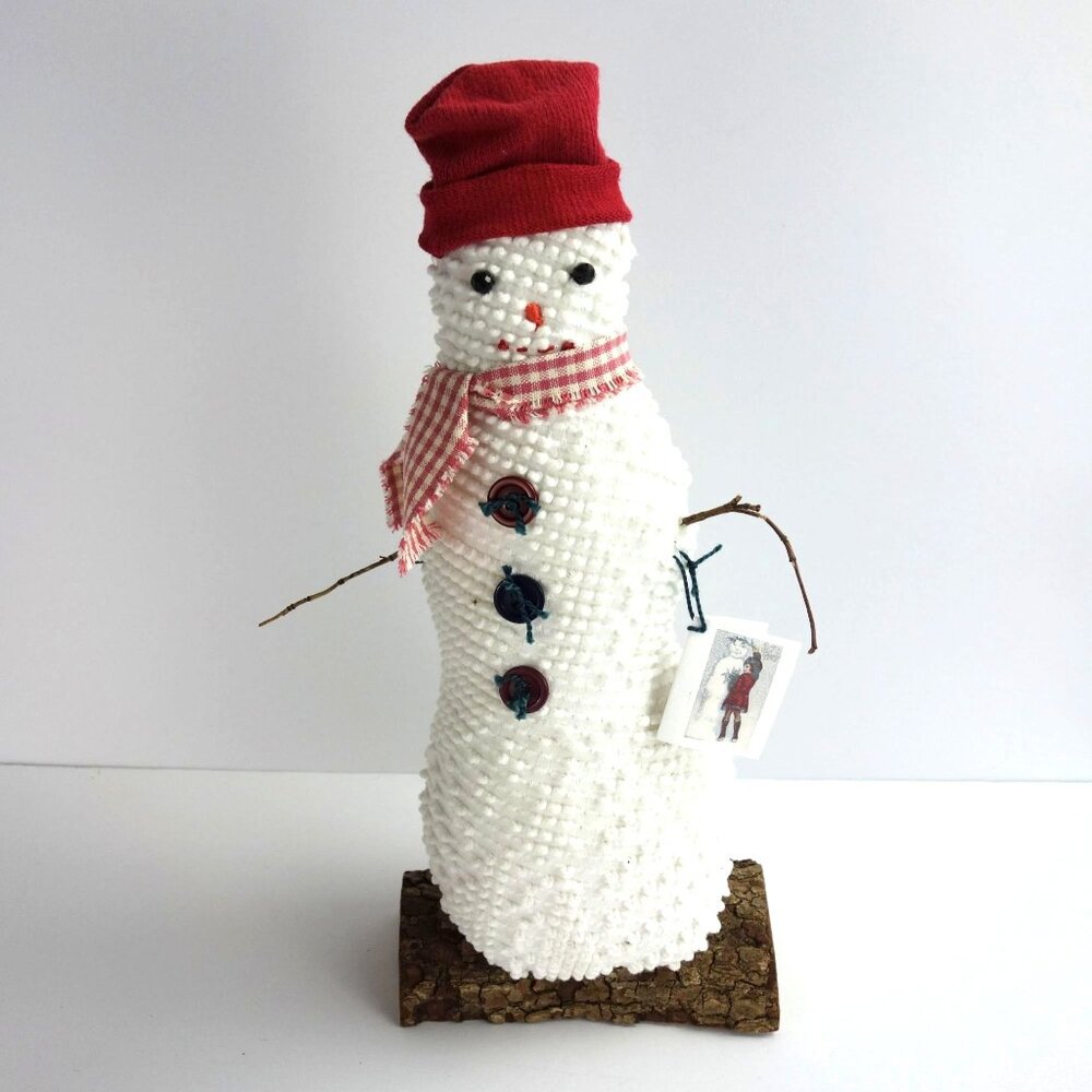 Handmade Chenille Snowman With Red Hat & Scarf On Dogwood Log‎